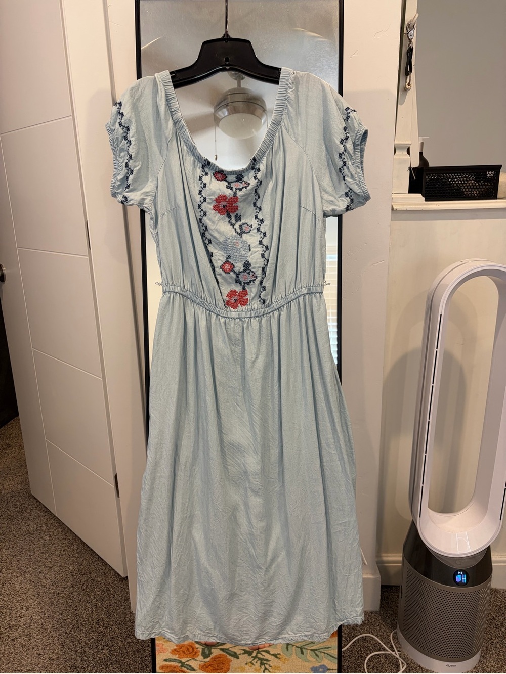 Old Navy Off the Shoulder Light Blue Embroidered Midi Dress - Floral Detail